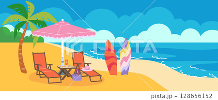 Summer beach. Cartoon resort seascape. Lounge chair and umbrella on seashore. Sunny sand. Sea waves. Cloudy sky. Tropical palm and surfboard. Ocean island vacation. Relax outdoor. Vector seaside view 128656152