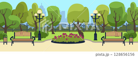 Park street. Urban background with bench and streetlights. Flowers and trees. Summer landscape. Grass lawn. Skyline city garden. Town nature. Outdoor seats with flashlights. Vector spring scenery view 128656156