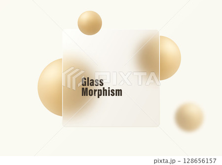 Glass morphism panel with soft golden spheres on beige background. Glass morphism panel with soft golden spheres on beige background. 128656157