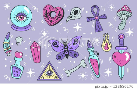 Tarot stickers. Funky eye, groovy moon. Vintage Halloween set. Retro space style. Graphic elements with witch, candle, mystic snake. Witch and wizard symbols. Vector cartoon tidy magic doodle set Tarot stickers. Funky eye, groovy moon. Vintage Halloween set. Retro space style. Graphic elements with witch, candle, mystic snake. Witch and wizard symbols. Vector cartoon tidy magic doodle set 128656176
