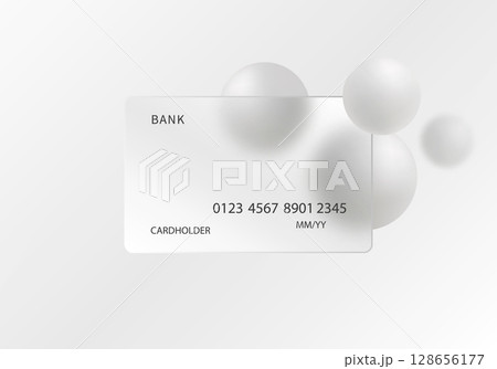 Glassmorphism bank card mockup with white spheres Glassmorphism bank card mockup with white spheres 128656177