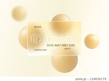 Glass morphism bank card mockup with golden spheres 128656179