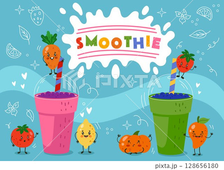 Fruit smoothie cartoon. Happy juice face characters. Cute tomato and mango cocktail. Vegan carrot beverage glass with straw. Healthy drink. Joyful berry. Vegetarian fun food. Vector tidy kids poster 128656180