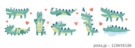 Cute crocodile. Alligator cartoon different actions. Jungle baby reptile, funny pose. Summer doodle zoo animal. Kids character nursery decoration, mascot drawing. Vector illustration tidy isolated set 128656186