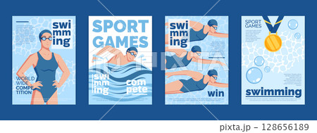 Swimming athlete motion. Abstract sport card design. Summer pool competition. Water action. Flat swim poster in geometric style. Swimmers championship award medal. Vector fitness garish banners set Swimming athlete motion. Abstract sport card design. Summer pool competition. Water action. Flat swim poster in geometric style. Swimmers championship award medal. Vector fitness garish banners set 128656189