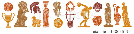 Greek vintage icons. Ancient culture stamps. Olive tree, amphora, warrior helmet, column. Retro mythology symbols. Mediterranean classic linocut. Women marble statues. Vector design isolated art set 128656193