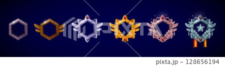 Game icon. Level 3D badge. Hexagon shield border. Cartoon award. Fantasy laurel frame in bronze, gold and silver metal. Trophy medal with victory star. Game interface button. Vector tidy elements set Game icon. Level 3D badge. Hexagon shield border. Cartoon award. Fantasy laurel frame in bronze, gold and silver metal. Trophy medal with victory star. Game interface button. Vector tidy elements set 128656194