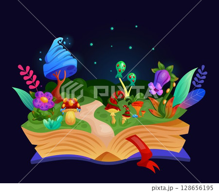 Magic open book. Fairy tale forest. Mystical mushroom and flower. Fantasy world. Kids imaginary story. Bright neon light. Fabulous meadow. Purple blossom. Imagination literature. Vector tidy cartoon Magic open book. Fairy tale forest. Mystical mushroom and flower. Fantasy world. Kids imaginary story. Bright neon light. Fabulous meadow. Purple blossom. Imagination literature. Vector tidy cartoon 128656195