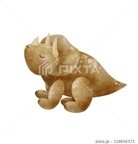 Triceratops dinosaur cute character with horns brown color. Illustration watercolor in children's style hand drawn. Animal on isolated background for design nursery, postcard, poster, decor birthday 128656373