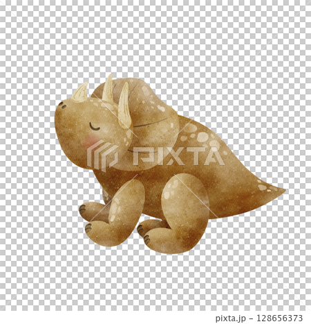 Triceratops dinosaur cute character with horns brown color. Illustration watercolor in children's style hand drawn. Animal on isolated background for design nursery, postcard, poster, decor birthday 128656373