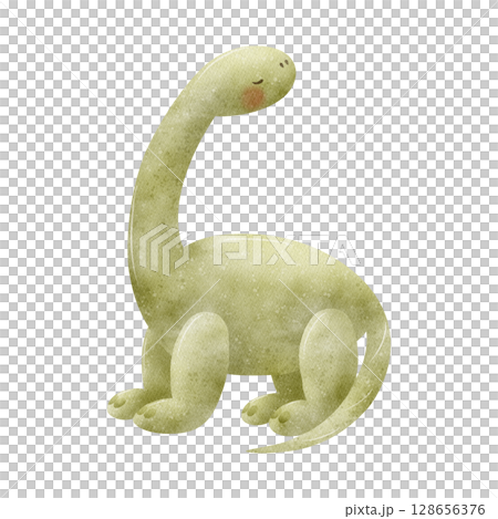 Dinosaur with long neck Mamenchisaurus animal green color. Watercolor illustration in children's style hand drawn. Cute dino on isolated background for nursery design, postcard, poster, party birthday Dinosaur with long neck Mamenchisaurus animal green color. Watercolor illustration in children's style hand drawn. Cute dino on isolated background for nursery design, postcard, poster, party birthday 128656376