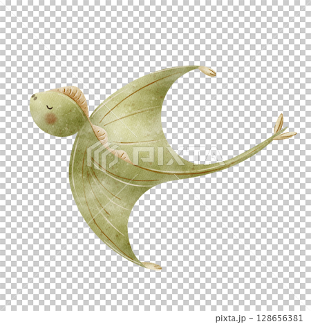 Illustration watercolor flying dinosaur pterosaur green color, predatory animal in children's style hand drawn. Drawing on isolated background for nursery design, stickers, postcard poster decor party Illustration watercolor flying dinosaur pterosaur green color, predatory animal in children's style hand drawn. Drawing on isolated background for nursery design, stickers, postcard poster decor party 128656381