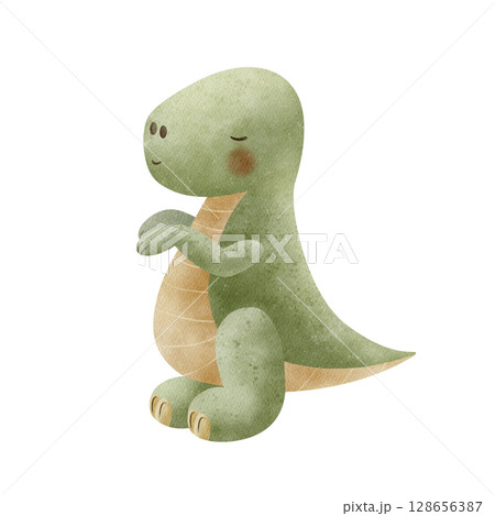 Dinosaur Tyrannosaurus rex animal of jurassic period, green color. Illustration predator watercolor in children's style hand drawn. Element on isolated background for design nursery, postcard, poster Dinosaur Tyrannosaurus rex animal of jurassic period, green color. Illustration predator watercolor in children's style hand drawn. Element on isolated background for design nursery, postcard, poster 128656387