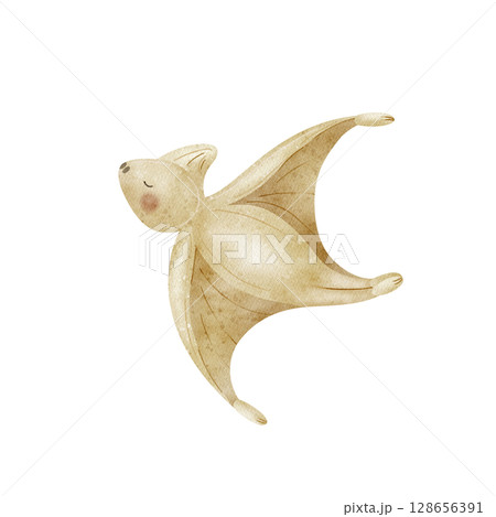Cute flying dinosaur pterosaur, predatory animal beige. Watercolor illustration in children's style hand drawn. Drawing on isolated background for nursery design, stickers, postcard, poster, birthday 128656391