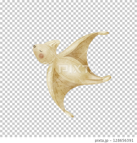 Cute flying dinosaur pterosaur, predatory animal beige. Watercolor illustration in children's style hand drawn. Drawing on isolated background for nursery design, stickers, postcard, poster, birthday 128656391