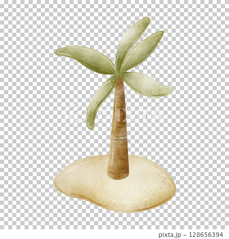 Watercolor illustration of island with palm tree, tropical tree on shore hand drawn on isolated background for kids room design, stickers, dinosaur cards, beach attribute Watercolor illustration of island with palm tree, tropical tree on shore hand drawn on isolated background for kids room design, stickers, dinosaur cards, beach attribute 128656394
