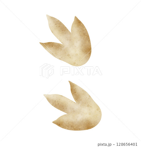 Dinosaur paw prints clip art. Watercolor illustration of animal footsteps silhouette in children's style hand drawn. Fossilization in brown color on isolated background for nursery design cards poster 128656401
