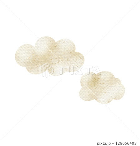 Clouds beige watercolor illustration sky light easy hand drawn in simple childish style on isolated background for baby cards design, dinosaur party decor, invitations 128656405