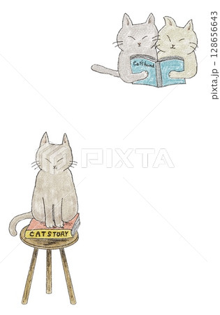 本を読む猫と椅子に座る猫 128656643