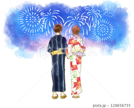 花火を見る男女の後ろ姿水彩画 128656735