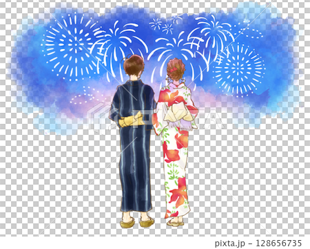 花火を見る男女の後ろ姿水彩画 128656735