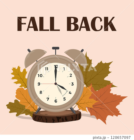 Clock on wooden log with fall leaves. Clock on wooden log with fall leaves. 128657097