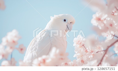 Beautiful white parrot surrounded by soft spring blossoms 128657151