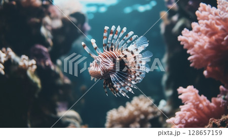 Colorful lionfish swimming in vibrant coral reef underwater Colorful lionfish swimming in vibrant coral reef underwater 128657159