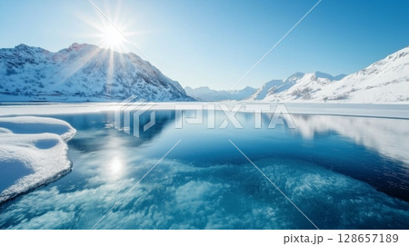 Frozen lake with snowy mountain landscape Frozen lake with snowy mountain landscape 128657189