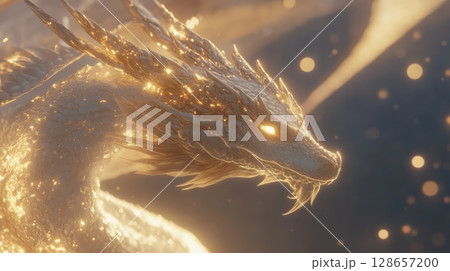 Mythical golden dragon with detailed scales 128657200