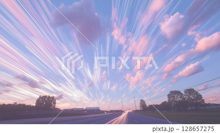 Vibrant sunset sky with dynamic light trails 128657275