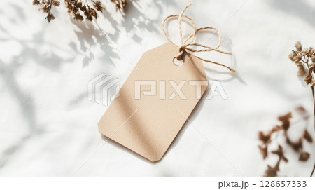 Blank kraft paper tag with twine on light background 128657333