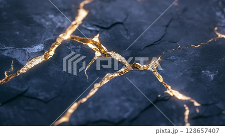 Cracked black slate stones with golden veins 128657407