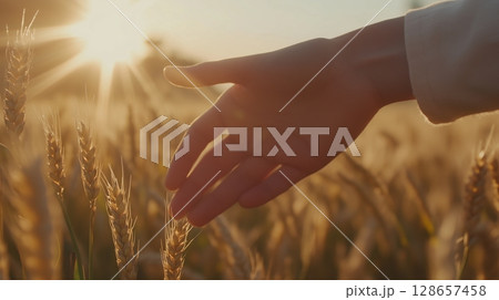 Hand touching golden wheat field 128657458