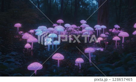 In a magical night garden, bioluminescent mushrooms In a magical night garden, bioluminescent mushrooms 128657465