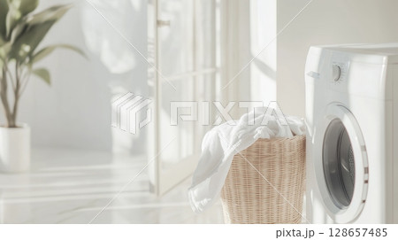 Modern washing machine with laundry basket 128657485