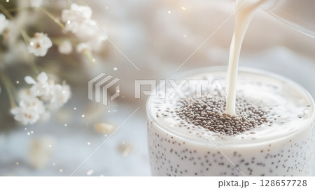 Chia Seeds Causing Splashes in Milk Surface 128657728