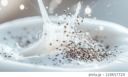 Chia Seeds Causing Splashes in Milk Surface 128657729