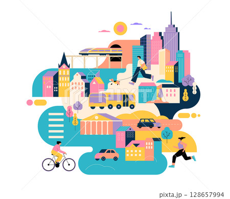 Colorful Urban Life Illustration. Modern Cityscape with People, Transportation, and Skyscrapers. Colorful Urban Life Illustration. Modern Cityscape with People, Transportation, and Skyscrapers. 128657994