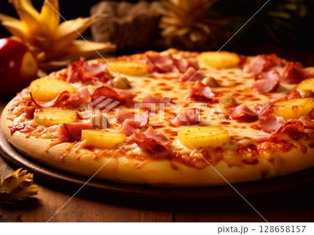 Hawaiian pizza with pineapple and ham on wooden board.Macro.AI Generative 128658157