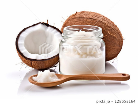 Coconut oil with spoon in glass jar on white background.Macro.AI Generative 128658164