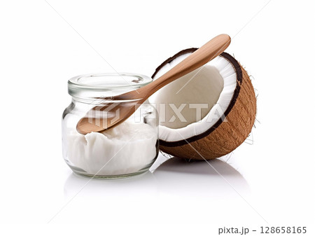 Coconut oil with spoon in glass jar on white background.Macro.AI Generative Coconut oil with spoon in glass jar on white background.Macro.AI Generative 128658165