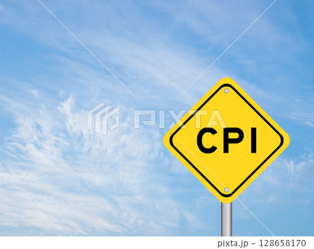 Yellow transportation sign with word CPI (abbreviation of Consumer Price Index) on blue color sky background 128658170