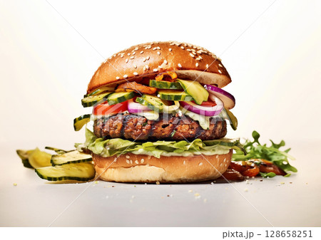 Zucchini vegetarian burger sandwich with vegetables on white background.Macro.AI Generative 128658251
