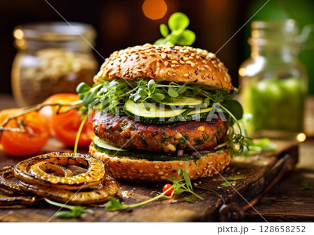 Zucchini vegetarian burger sandwich with vegetables on wooden table.Macro.AI Generative 128658252