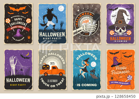 Set of Halloween celebration flyer, poster, banner collection. Halloween party retro templates, invitation poster, seals, patches. Concept for shirt or logo, print, stamp. Typography design- vector. 128658450