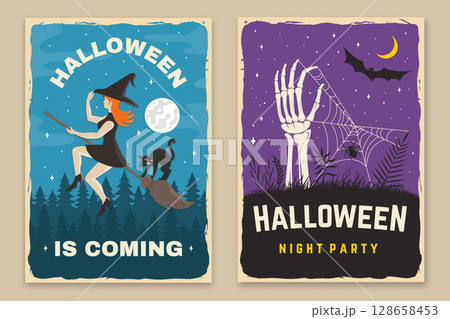 Set of Halloween celebration flyer, poster, banner collection. Halloween party retro templates, invitation poster, seals, patches. Concept for shirt or logo, print, stamp. Typography design- vector. Set of Halloween celebration flyer, poster, banner collection. Halloween party retro templates, invitation poster, seals, patches. Concept for shirt or logo, print, stamp. Typography design- vector. 128658453