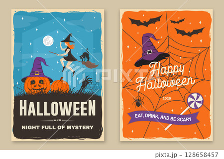Set of Halloween celebration flyer, poster, banner collection. Halloween party retro templates, invitation poster, seals, patches. Concept for shirt or logo, print, stamp. Typography design- vector. Set of Halloween celebration flyer, poster, banner collection. Halloween party retro templates, invitation poster, seals, patches. Concept for shirt or logo, print, stamp. Typography design- vector. 128658457