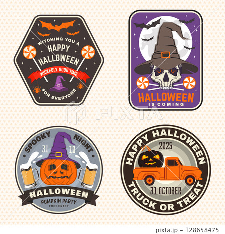 Set of Halloween celebration patch collection. Halloween party retro templates, badges, seals, patches. Concept for shirt or logo, print, stamp. Typography design- stock vector. 128658475