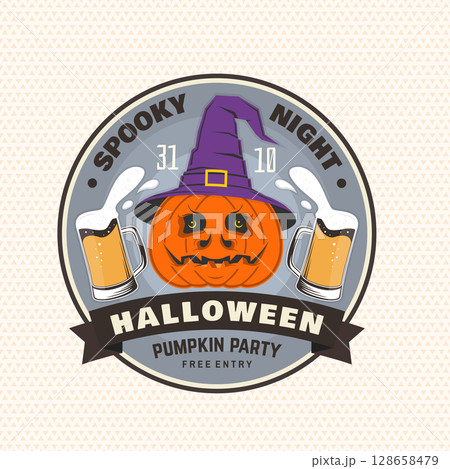 Halloween Pumpkin patch party design. Spooky night. Vector illustration. For holiday Halloween design, shirt, logo, badge, decorations, cards, banner with pumpkin in wizard hat, beer silhouette. 128658479
